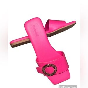 OPEN EDIT Women’s Pink Flat Slide Sandals With Silver Tone Buckle Size 7M